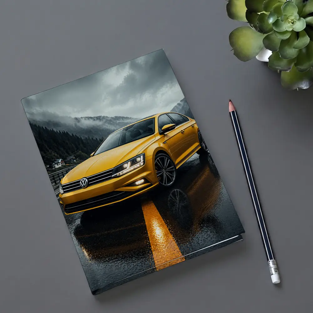 Volkswagen Passat Yellow Sedan Rainy Mountain Road – Notebooks