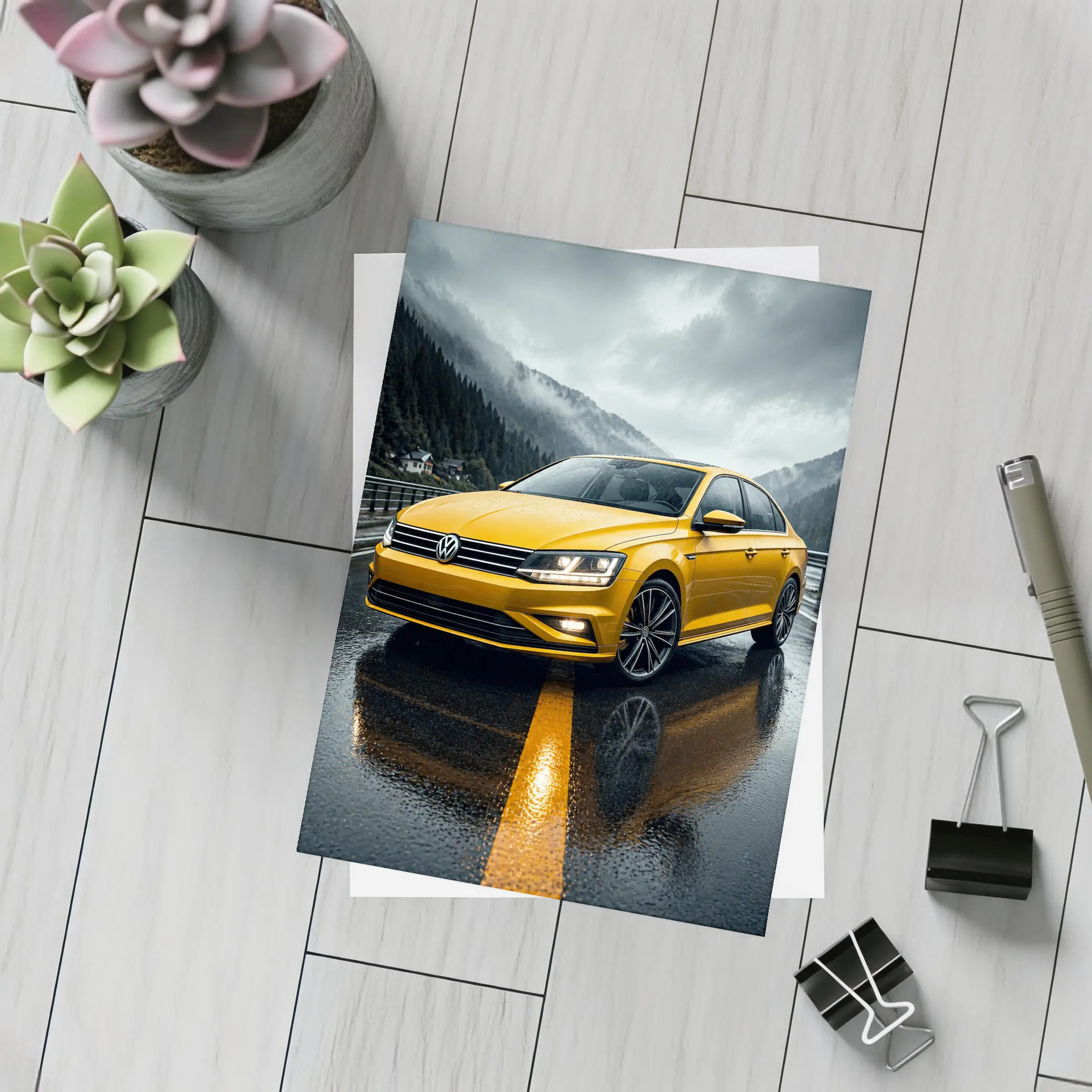 Volkswagen Passat Yellow Sedan Rainy Mountain Road – Postcards