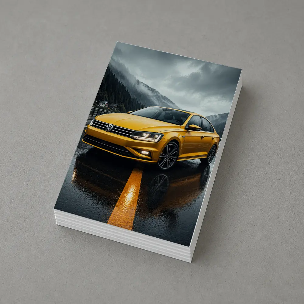 Volkswagen Passat Yellow Sedan Rainy Mountain Road – Postcards