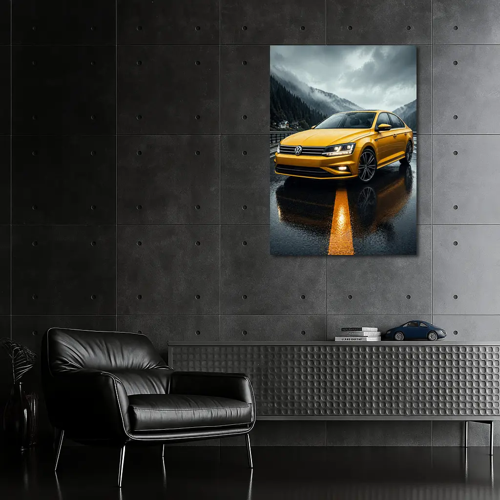 Volkswagen Passat Yellow Sedan Rainy Mountain Road – Wall Art
