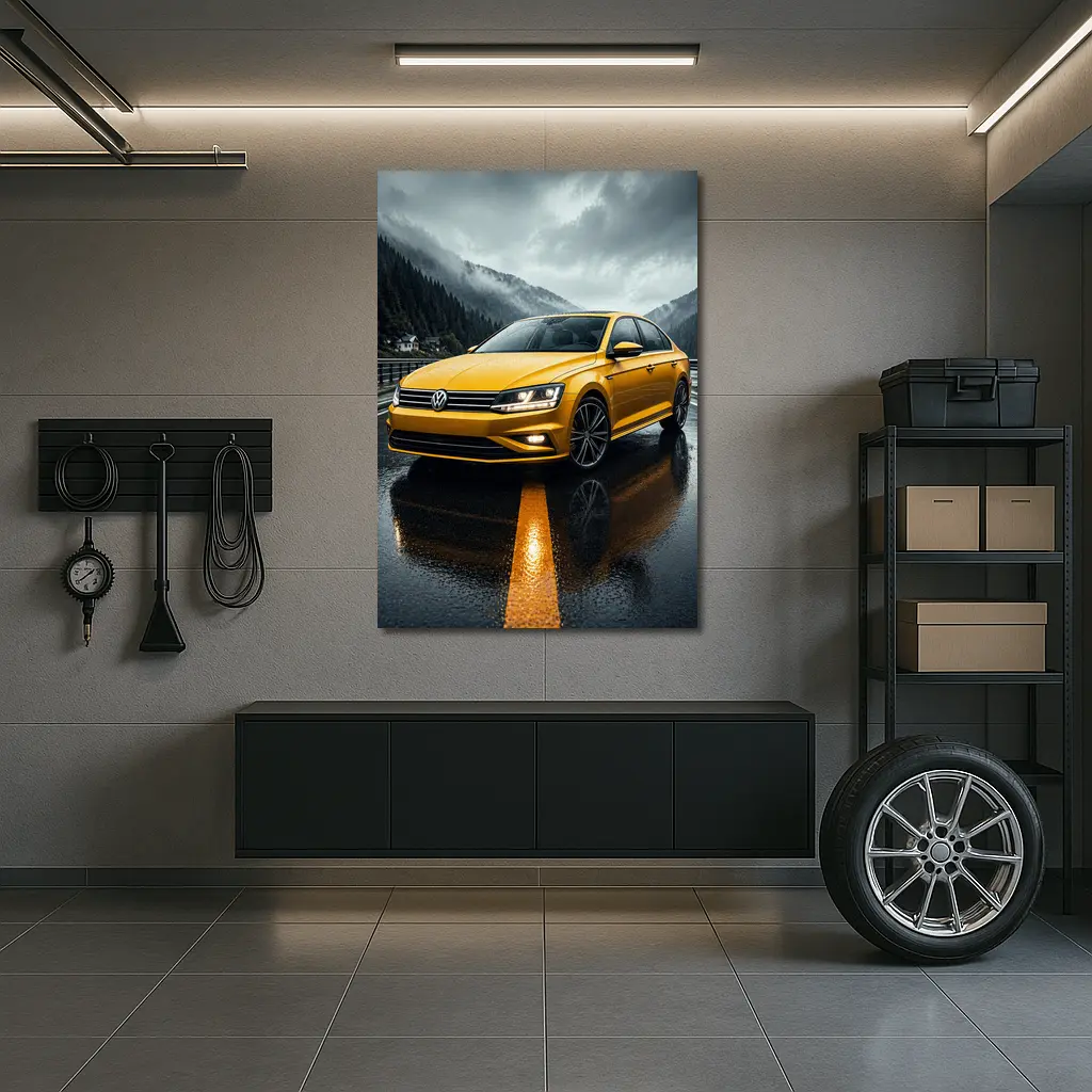 Volkswagen Passat Yellow Sedan Rainy Mountain Road – Wall Art