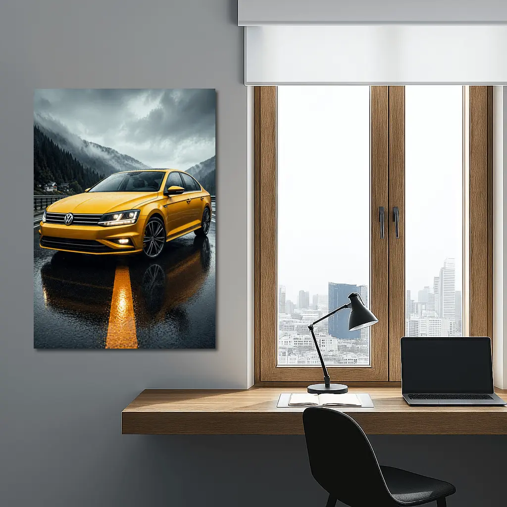 Volkswagen Passat Yellow Sedan Rainy Mountain Road – Wall Art