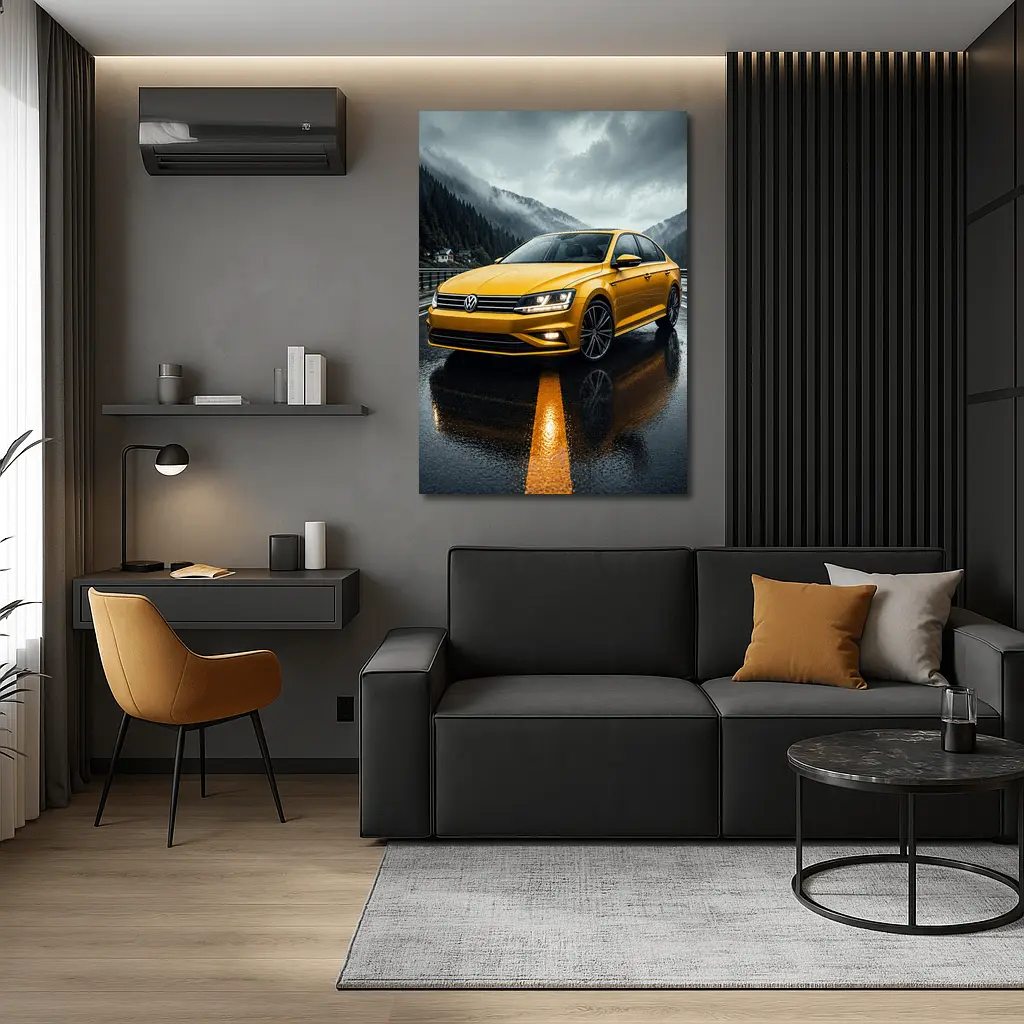 Volkswagen Passat Yellow Sedan Rainy Mountain Road – Wall Art