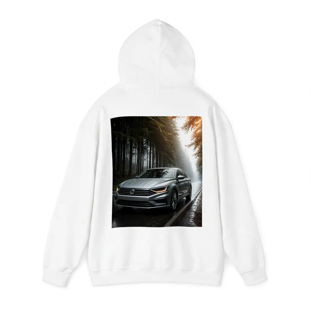 Volkswagen Jetta Silver Sedan Rainy Forest Road – Hoodies