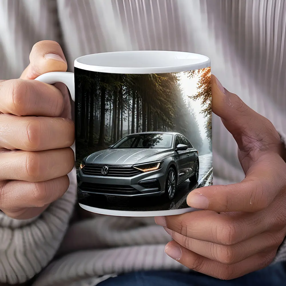 Volkswagen Jetta Silver Sedan Rainy Forest Road – Mugs