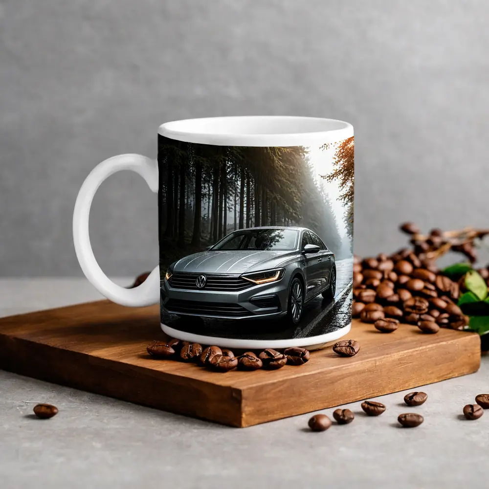 Volkswagen Jetta Silver Sedan Rainy Forest Road – Mugs