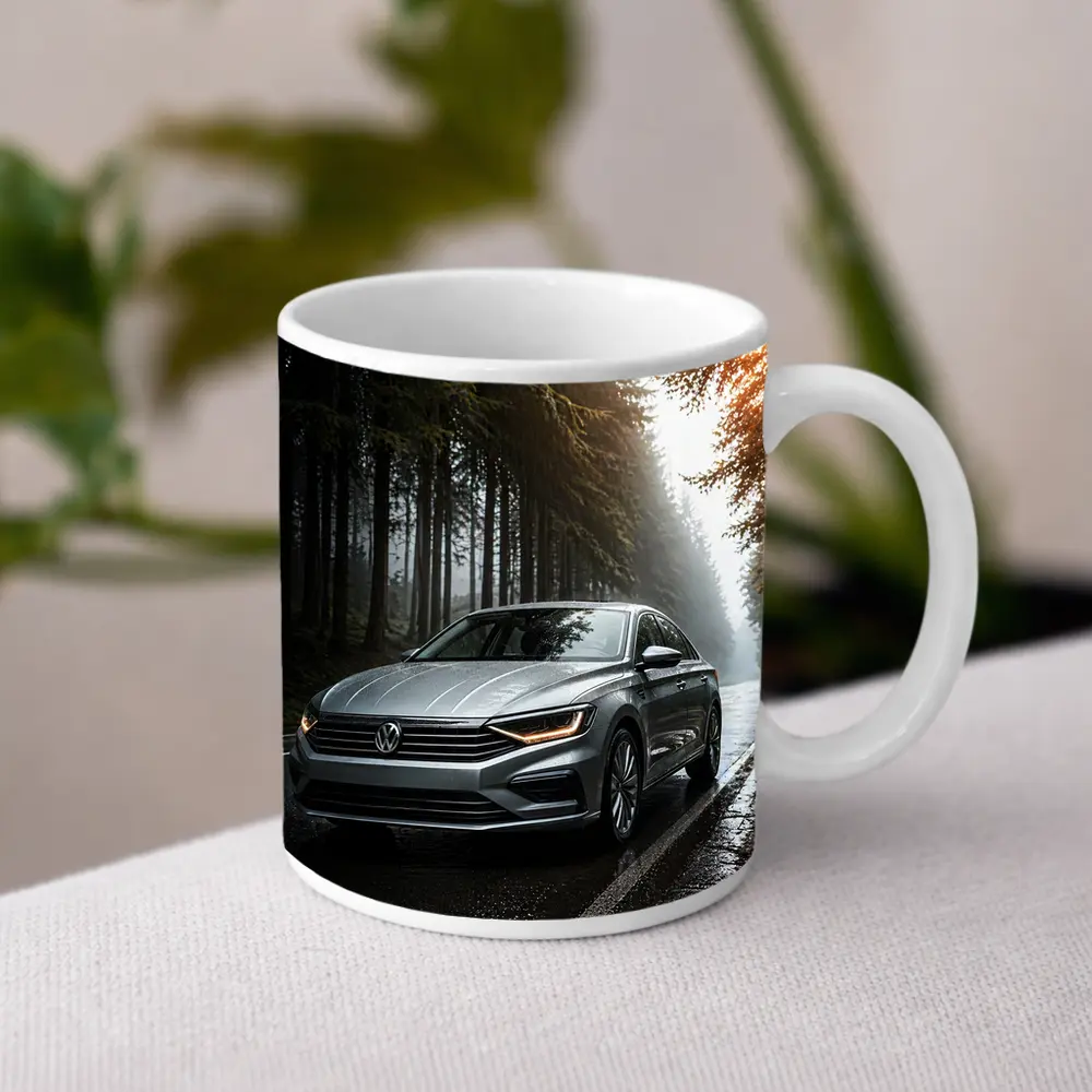 Volkswagen Jetta Silver Sedan Rainy Forest Road – Mugs