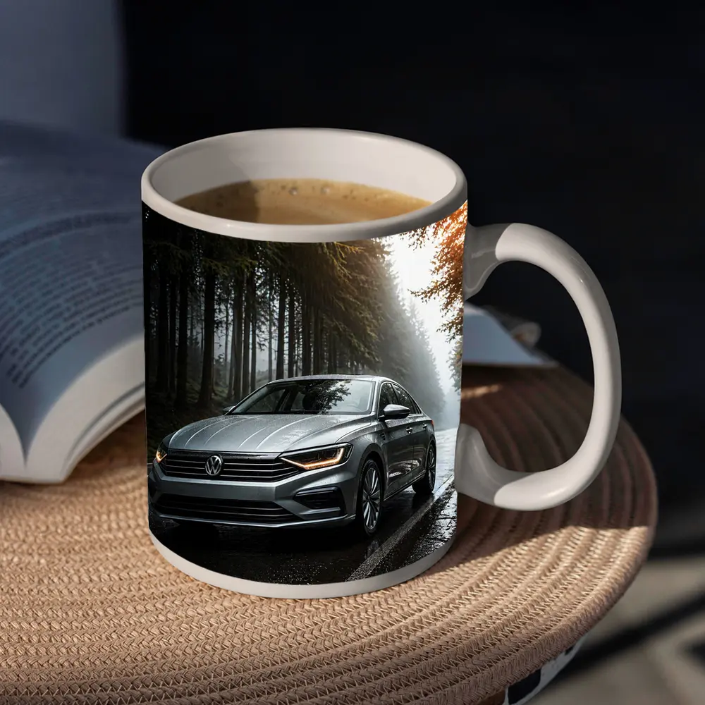 Volkswagen Jetta Silver Sedan Rainy Forest Road – Mugs