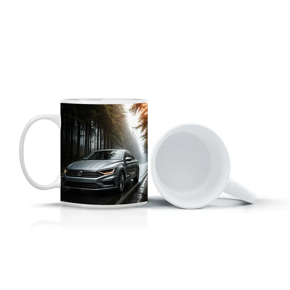Volkswagen Jetta Silver Sedan Rainy Forest Road – Mugs