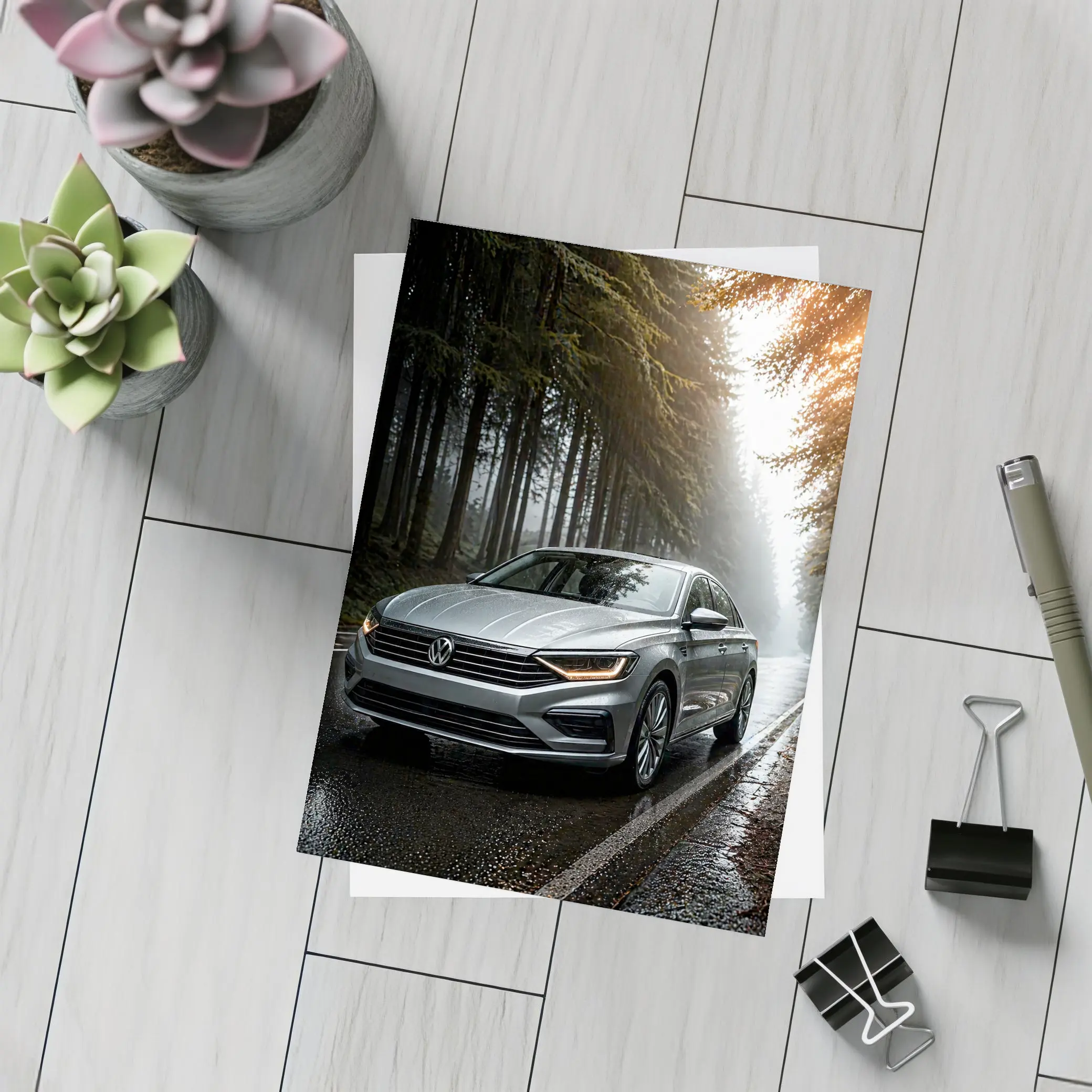 Volkswagen Jetta Silver Sedan Rainy Forest Road – Postcards