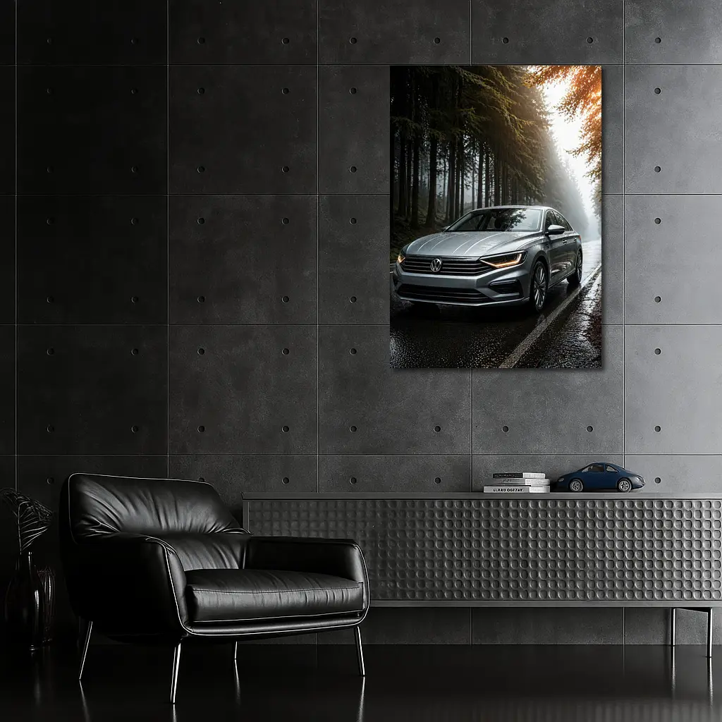 Volkswagen Jetta Silver Sedan Rainy Forest Road – Wall Art