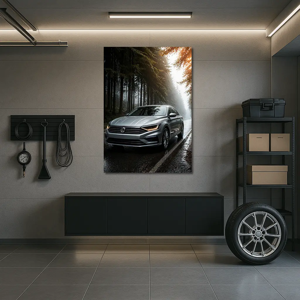 Volkswagen Jetta Silver Sedan Rainy Forest Road – Wall Art