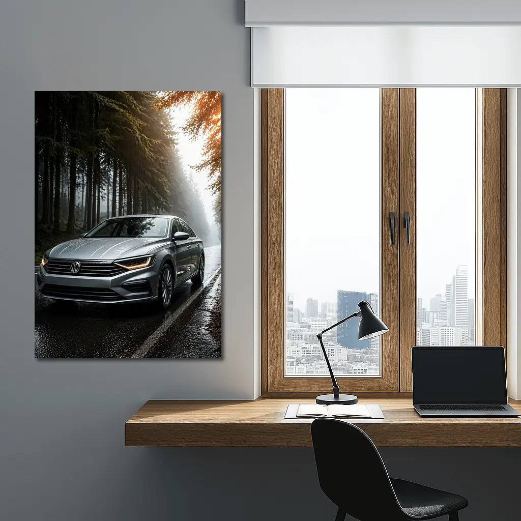 Volkswagen Jetta Silver Sedan Rainy Forest Road – Wall Art