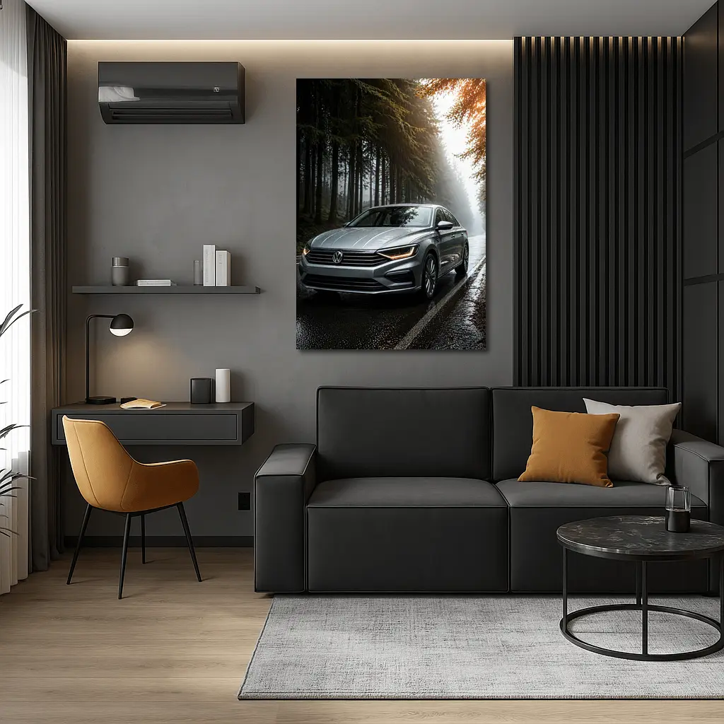 Volkswagen Jetta Silver Sedan Rainy Forest Road – Wall Art