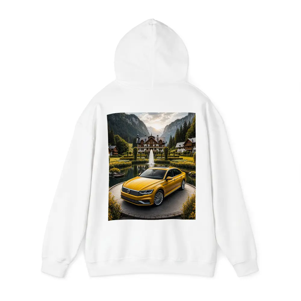 Volkswagen Passat Yellow Sedan Alpine Village Setting – Hoodies