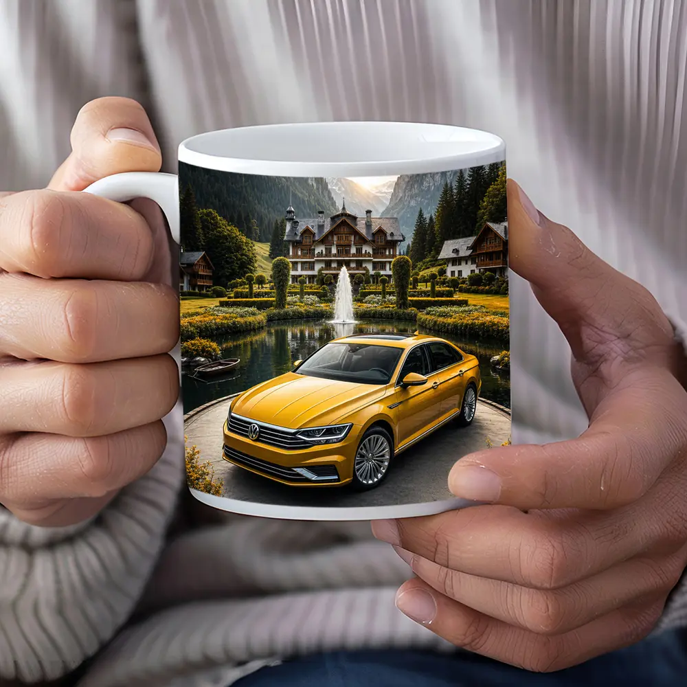 Volkswagen Passat Yellow Sedan Alpine Village Setting – Mugs