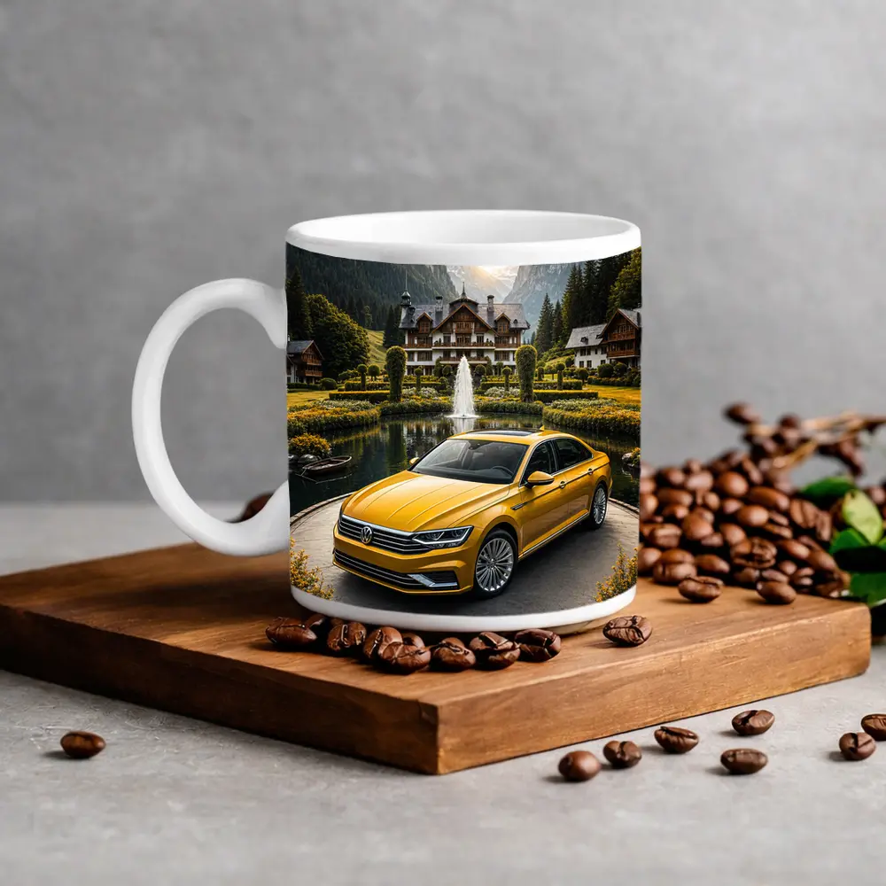 Volkswagen Passat Yellow Sedan Alpine Village Setting – Mugs