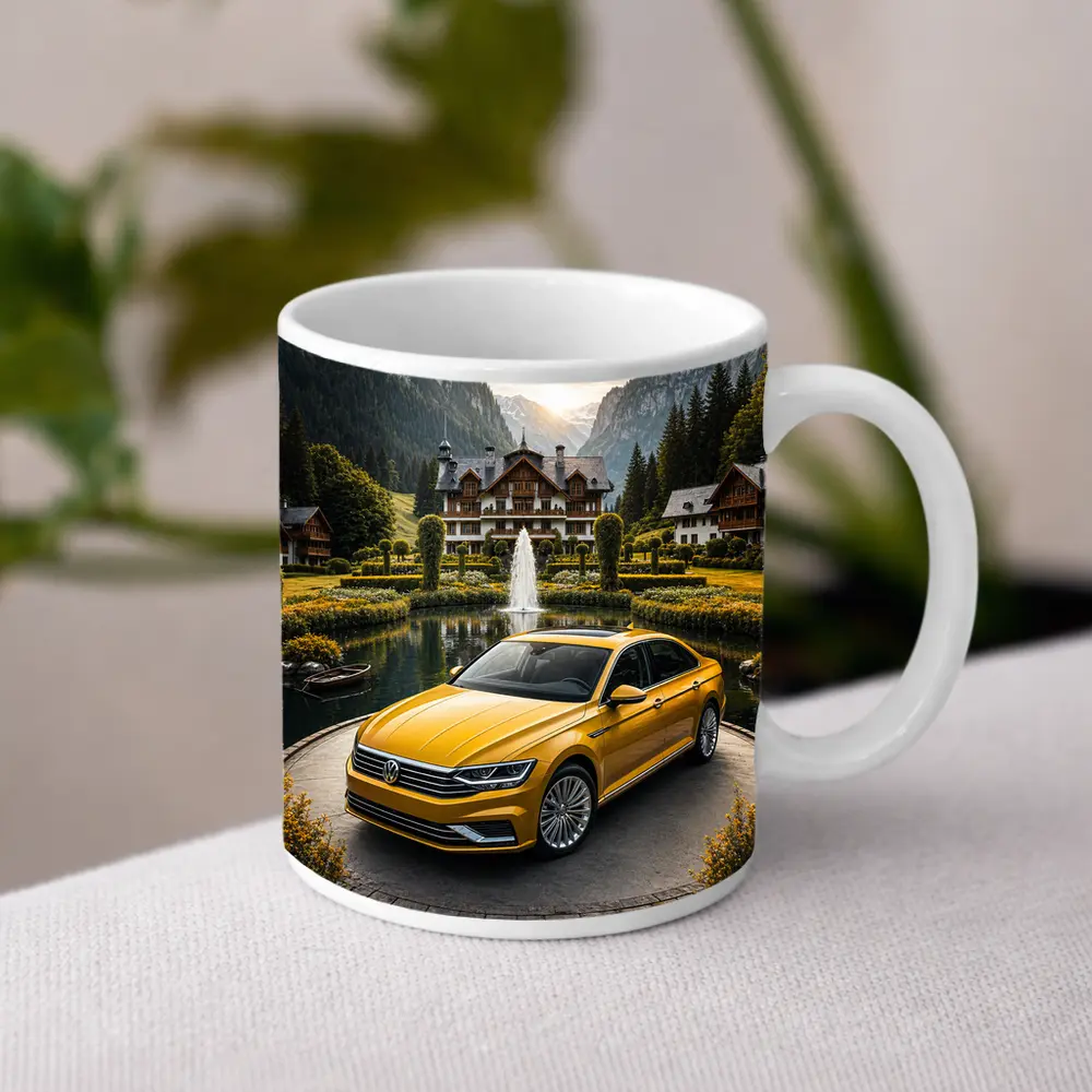 Volkswagen Passat Yellow Sedan Alpine Village Setting – Mugs