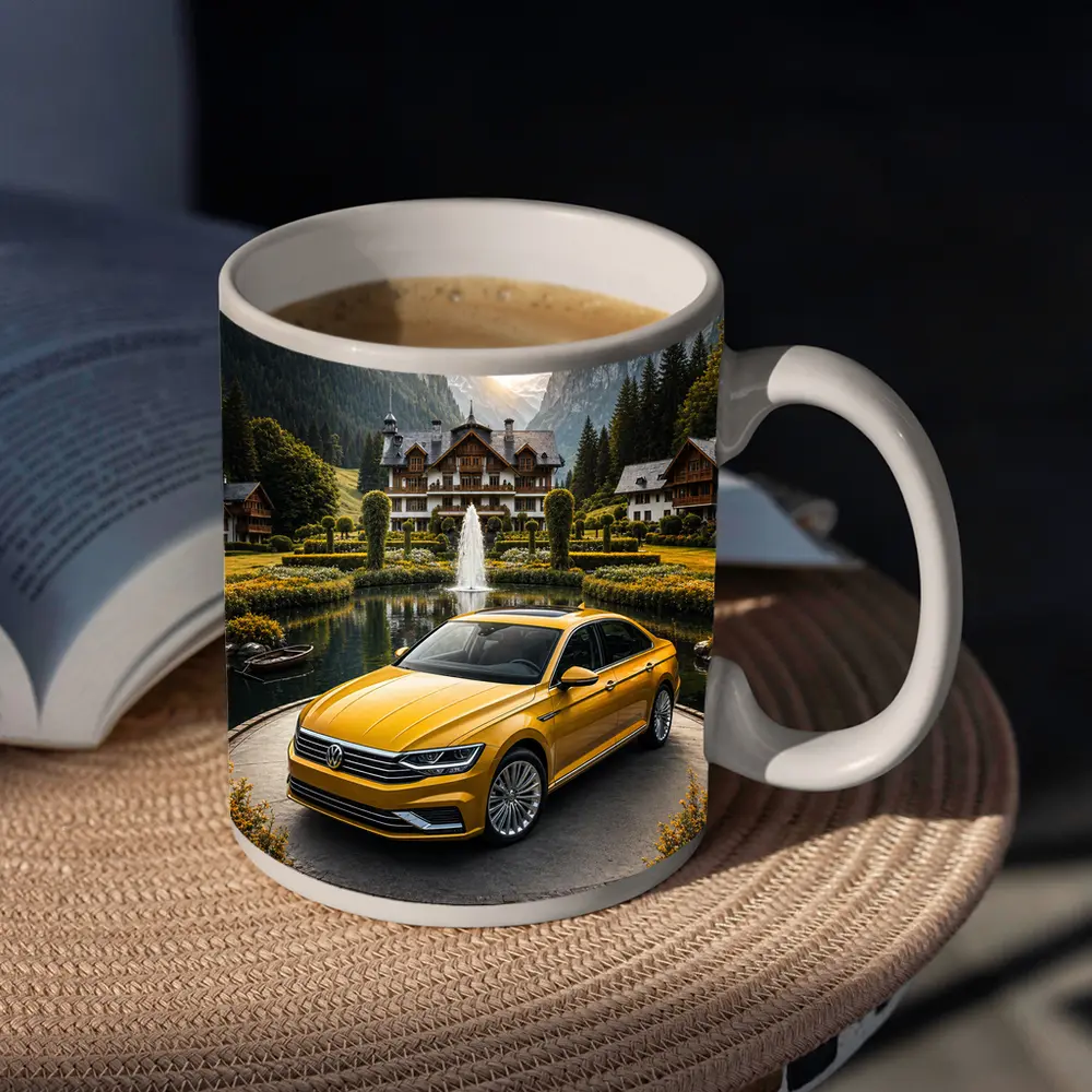 Volkswagen Passat Yellow Sedan Alpine Village Setting – Mugs