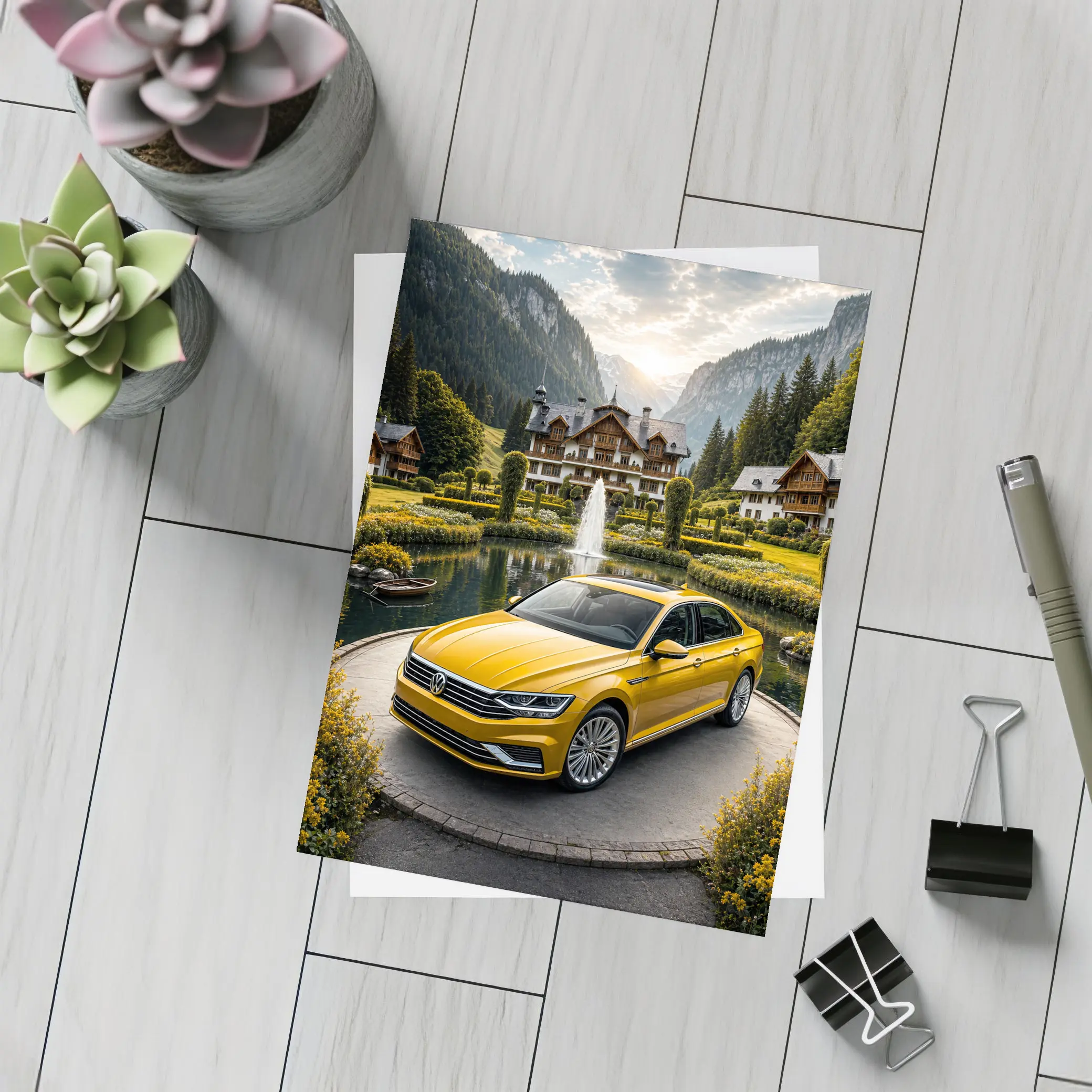 Volkswagen Passat Yellow Sedan Alpine Village Setting – Postcards