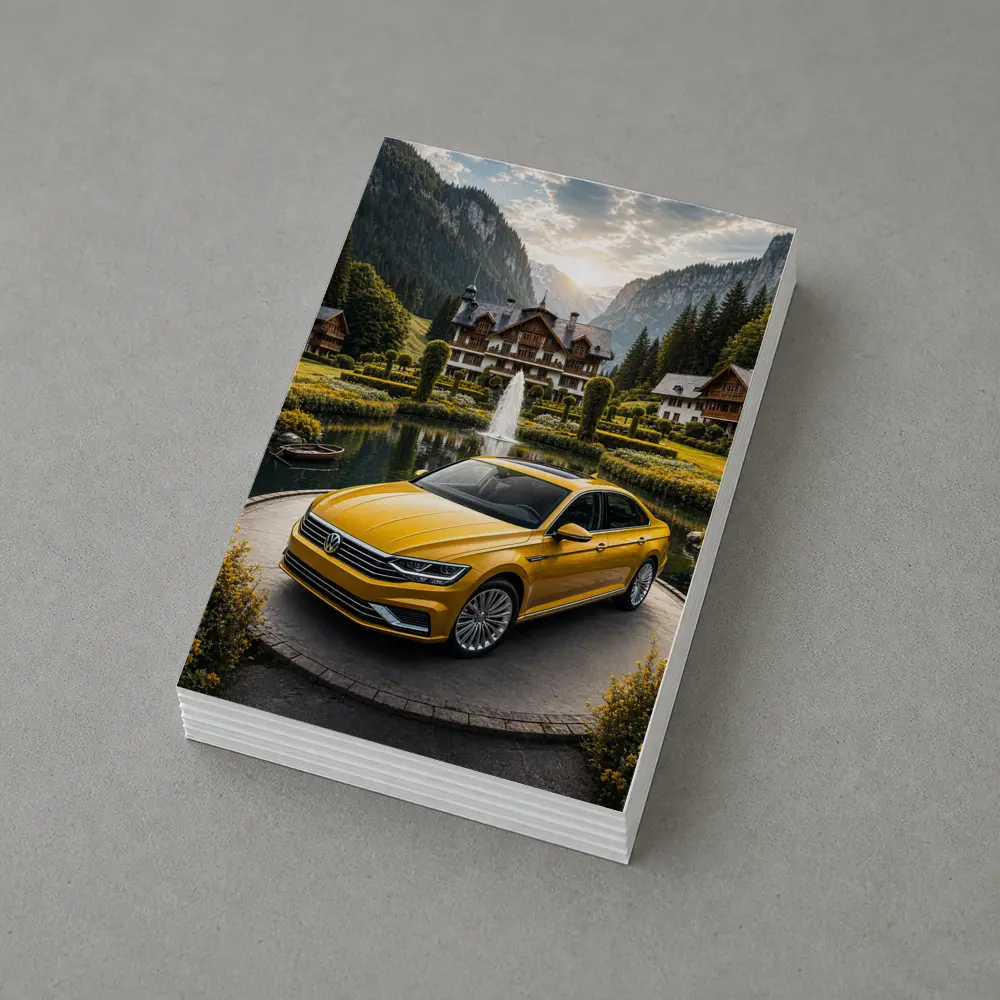 Volkswagen Passat Yellow Sedan Alpine Village Setting – Postcards