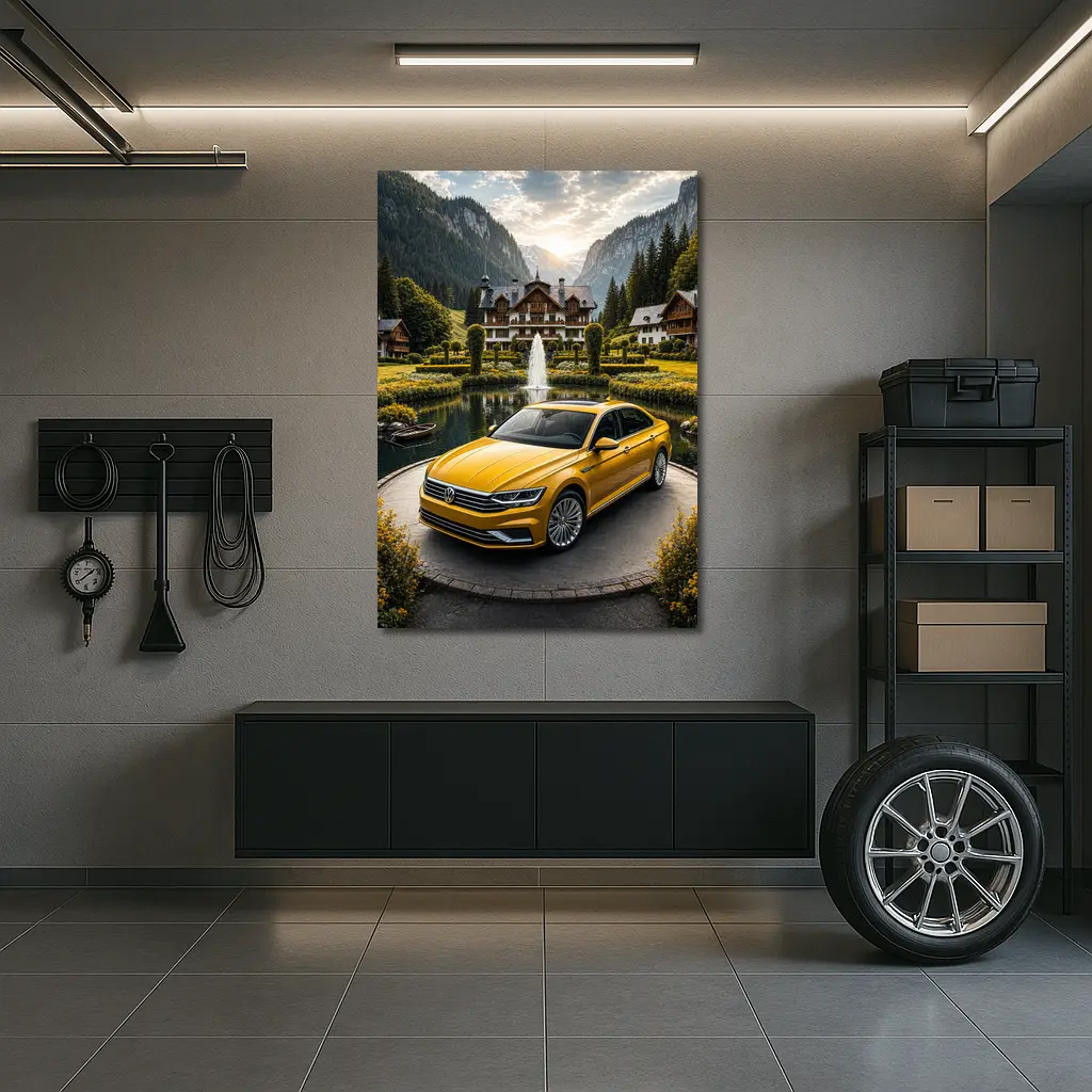 Volkswagen Passat Yellow Sedan Alpine Village Setting – Wall Art