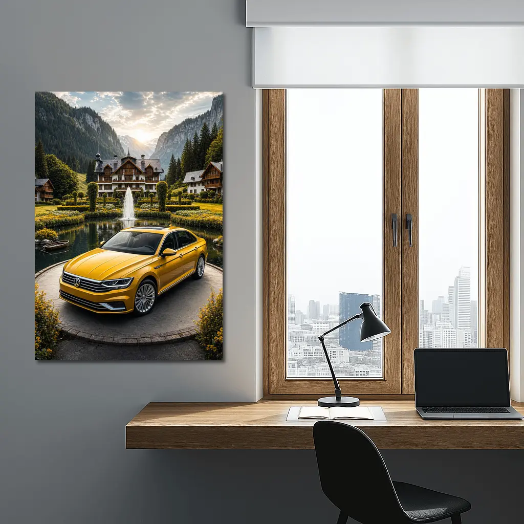Volkswagen Passat Yellow Sedan Alpine Village Setting – Wall Art