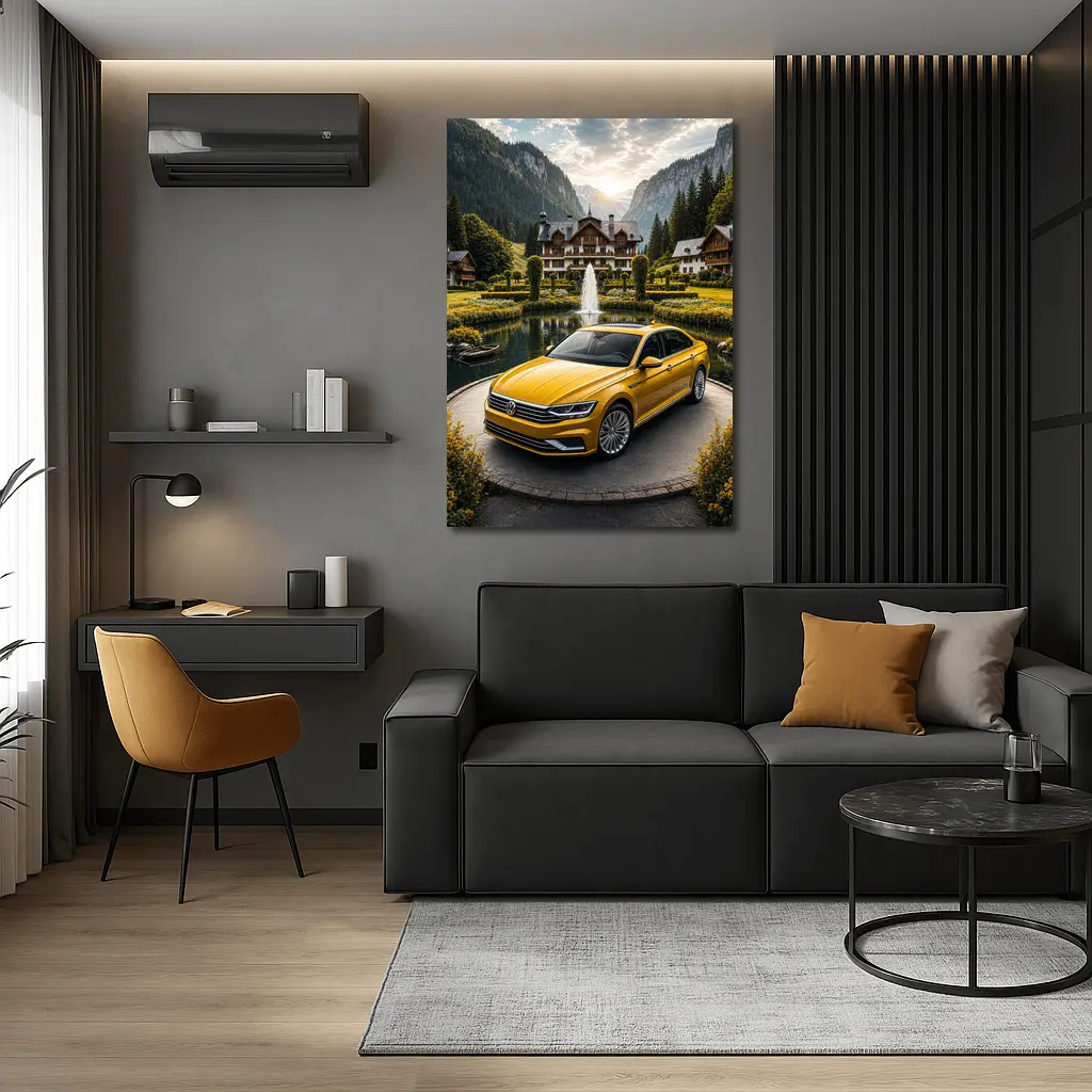 Volkswagen Passat Yellow Sedan Alpine Village Setting – Wall Art