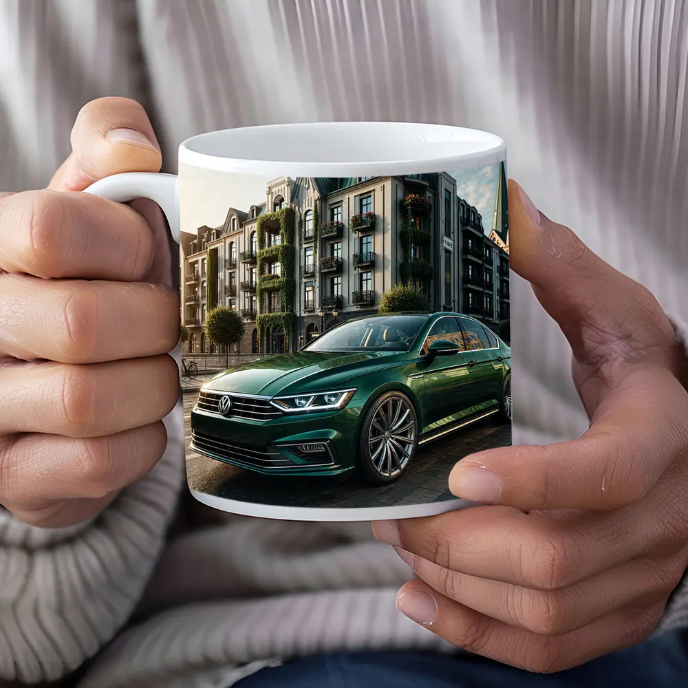 Volkswagen Passat Green Parked European City Street – Mugs