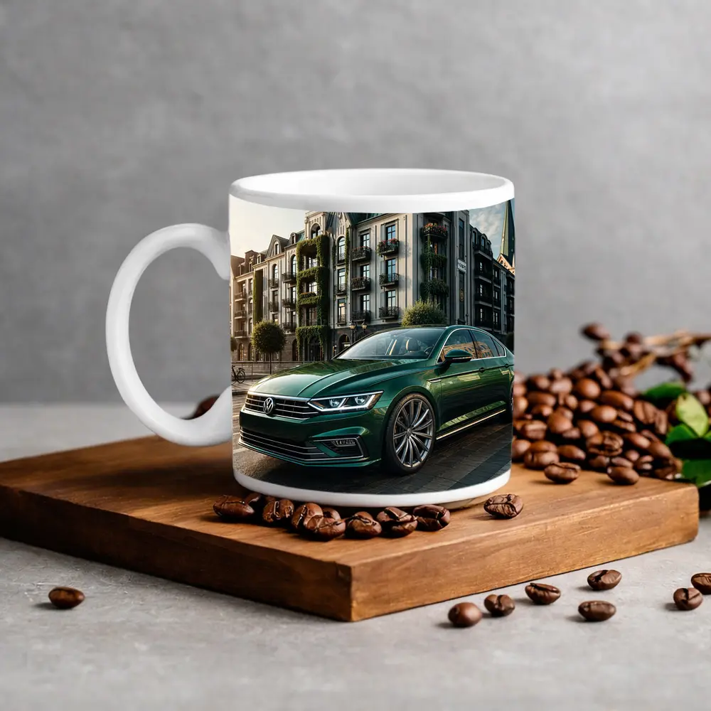 Volkswagen Passat Green Parked European City Street – Mugs