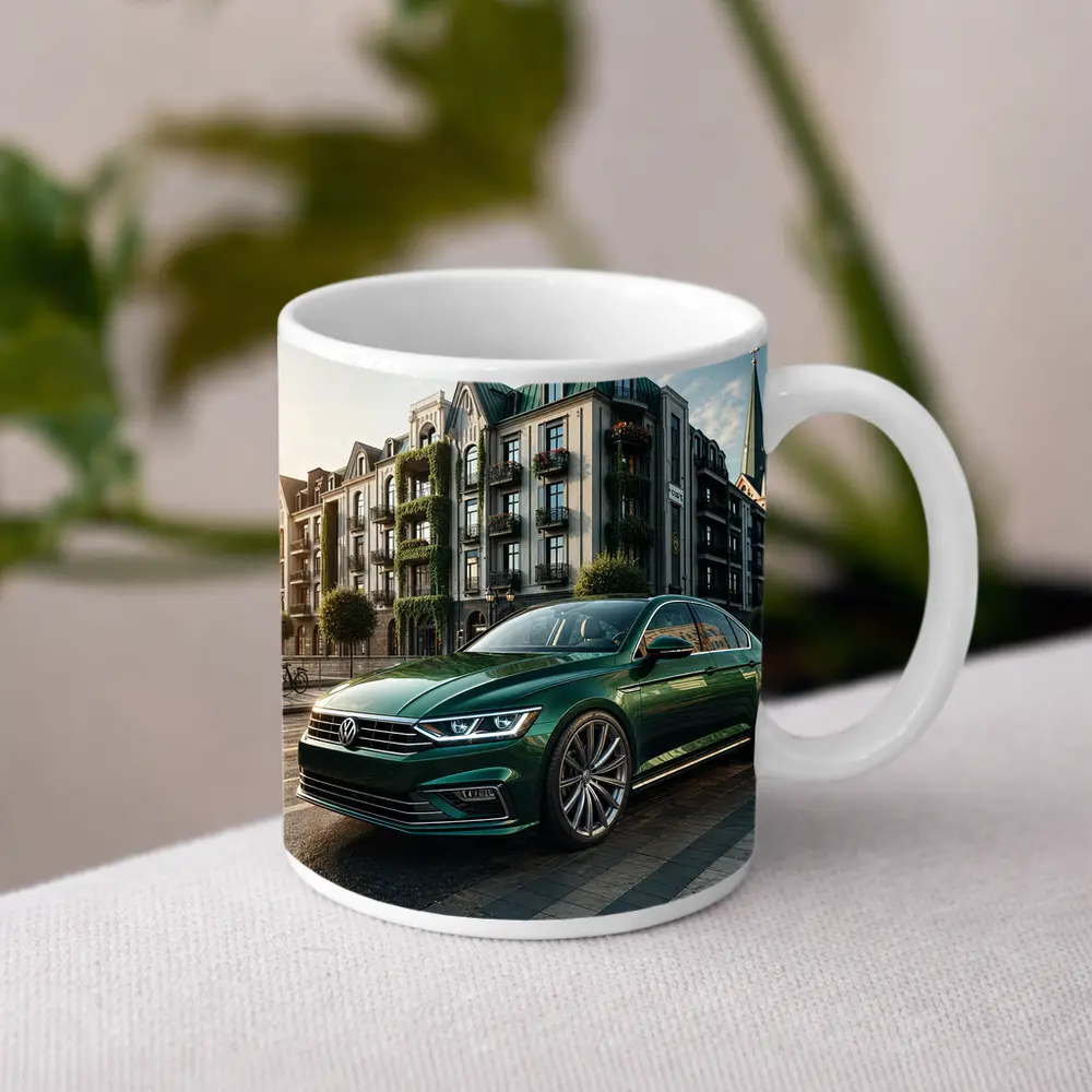 Volkswagen Passat Green Parked European City Street – Mugs