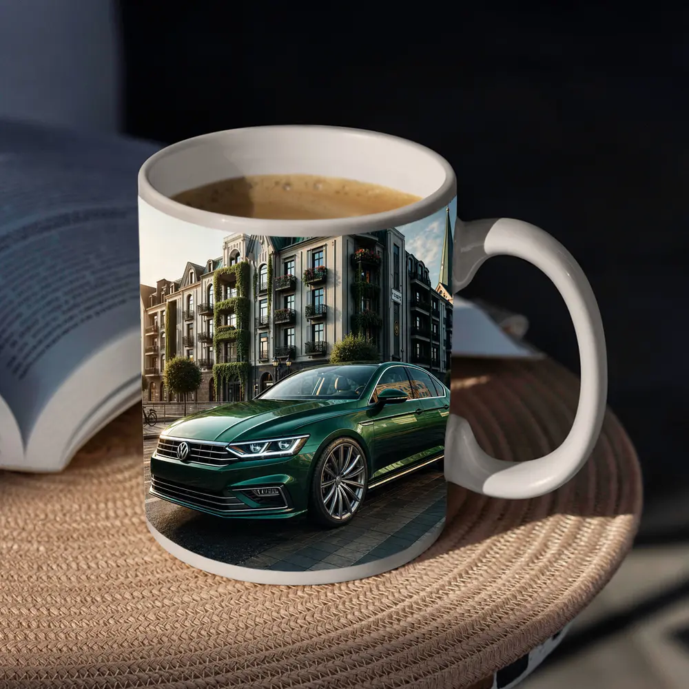 Volkswagen Passat Green Parked European City Street – Mugs
