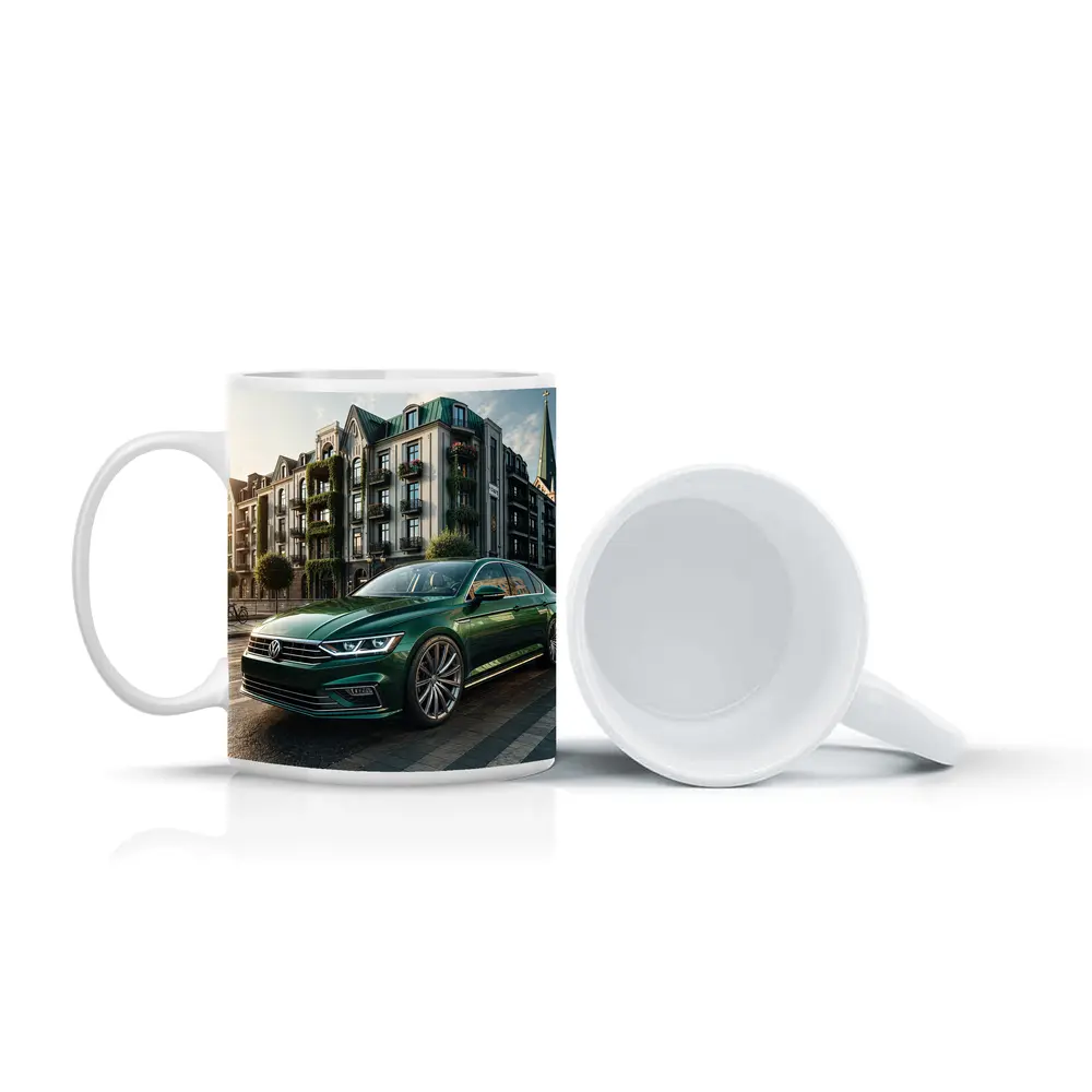 Volkswagen Passat Green Parked European City Street – Mugs
