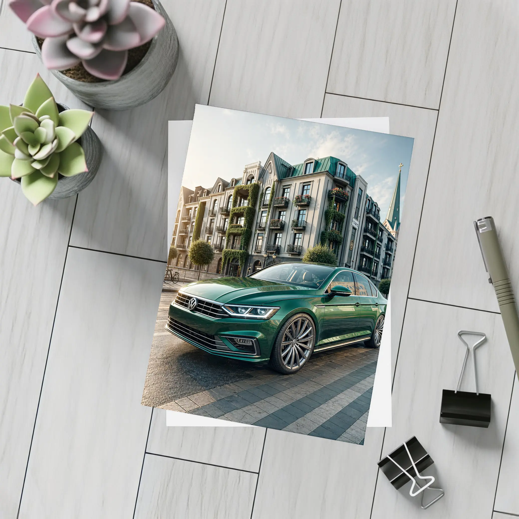 Volkswagen Passat Green Parked European City Street – Postcards