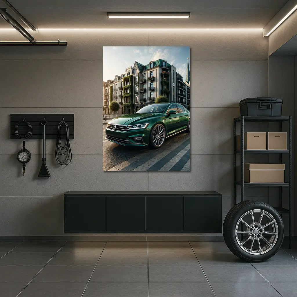 Volkswagen Passat Green Parked European City Street – Wall Art