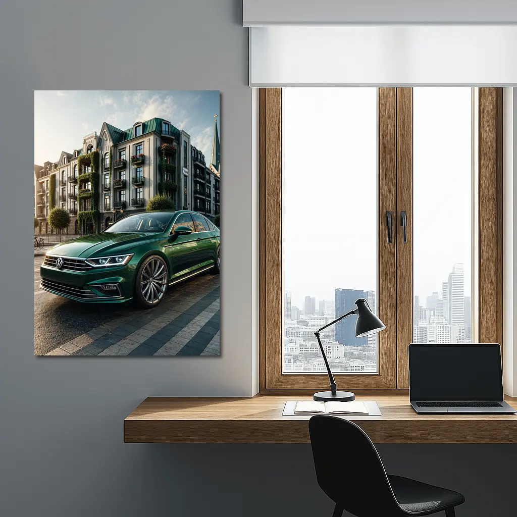 Volkswagen Passat Green Parked European City Street – Wall Art