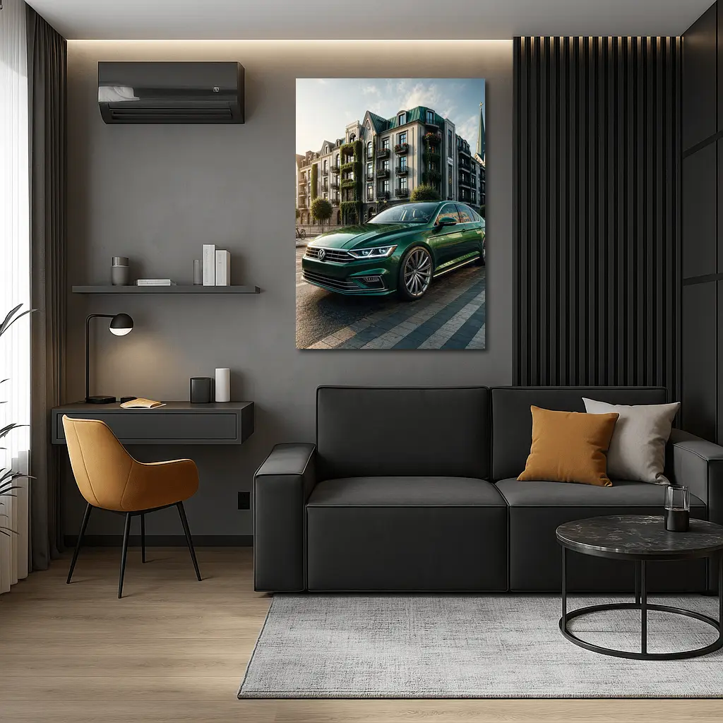 Volkswagen Passat Green Parked European City Street – Wall Art