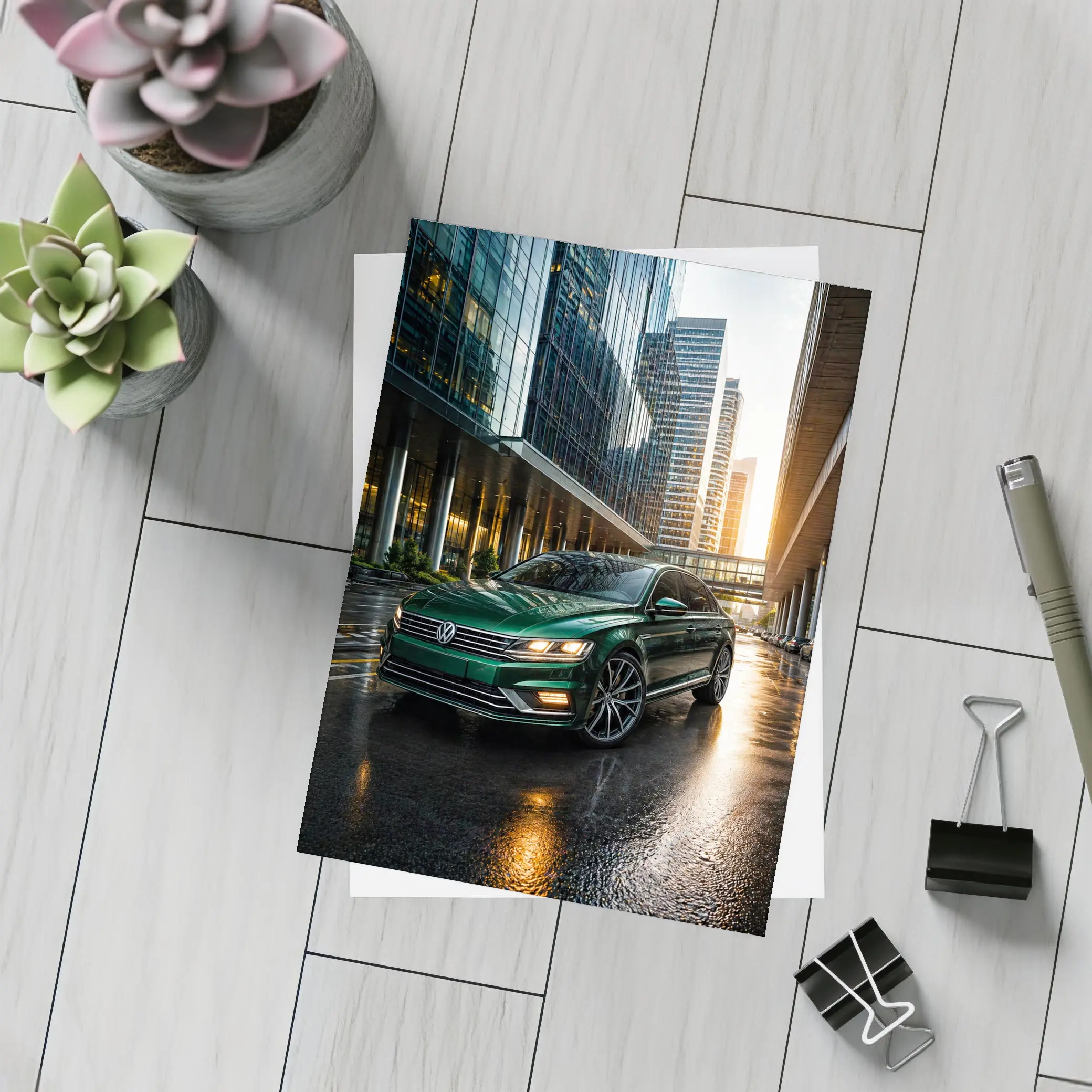 Volkswagen Passat Green Sedan City Sunset – Postcards