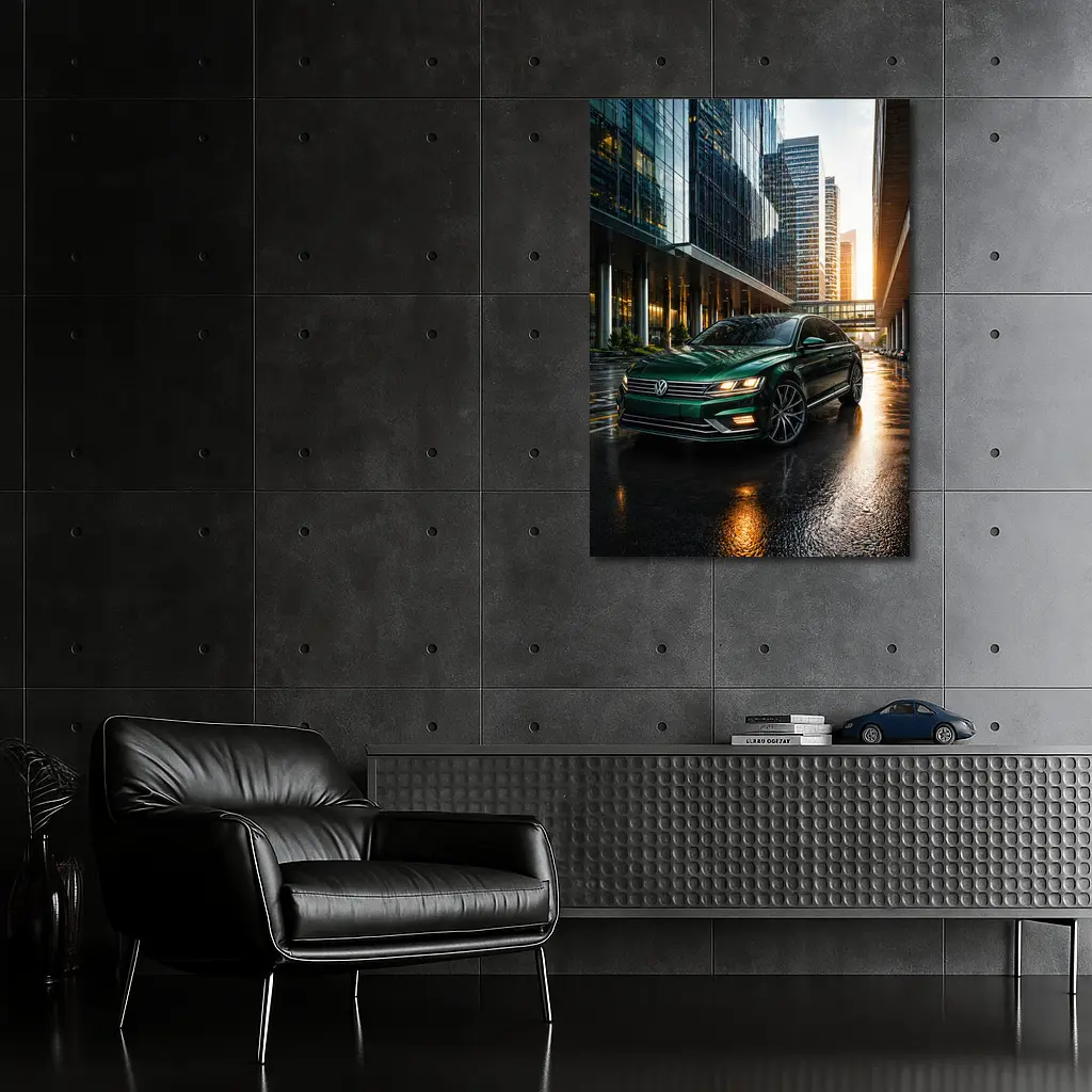Volkswagen Passat Green Sedan City Sunset – Wall Art