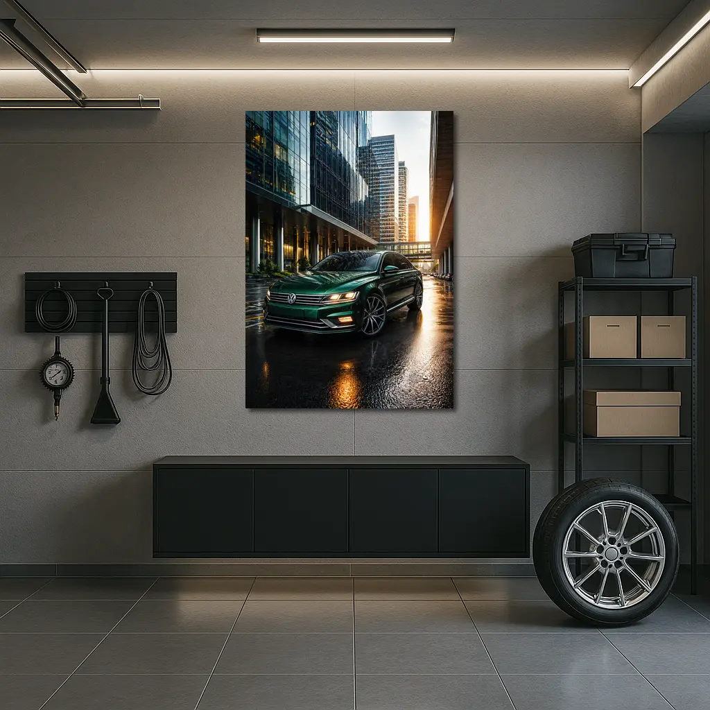 Volkswagen Passat Green Sedan City Sunset – Wall Art