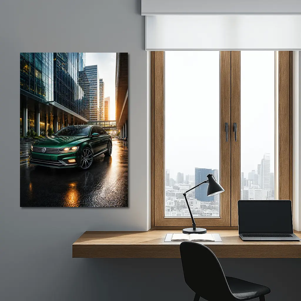 Volkswagen Passat Green Sedan City Sunset – Wall Art