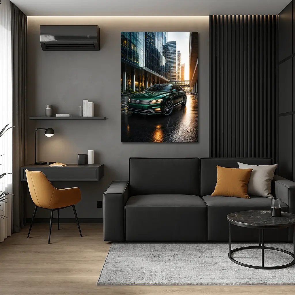 Volkswagen Passat Green Sedan City Sunset – Wall Art