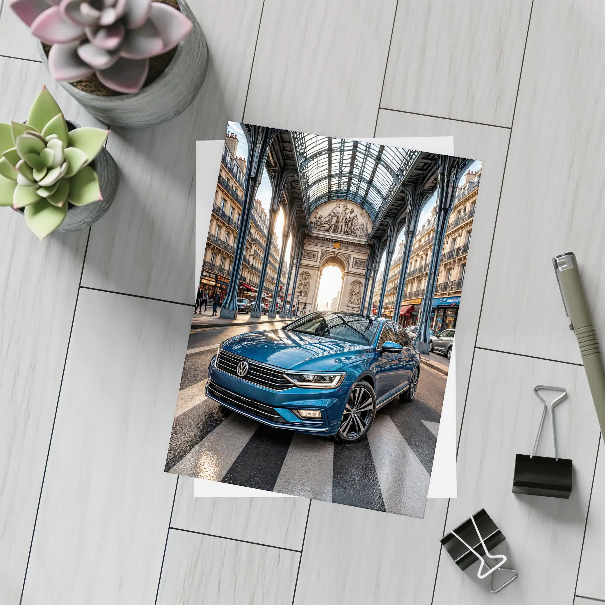 Volkswagen Passat Blue Car Paris Street – Postcards