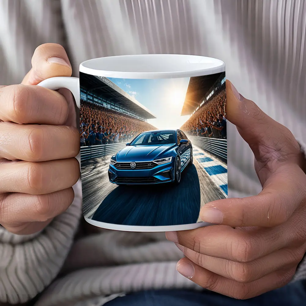 Volkswagen Passat Racing on Sunlit Track – Mugs