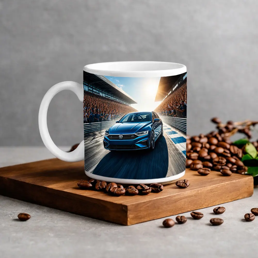 Volkswagen Passat Racing on Sunlit Track – Mugs