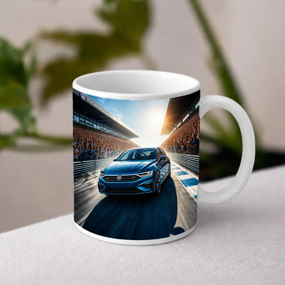 Volkswagen Passat Racing on Sunlit Track – Mugs