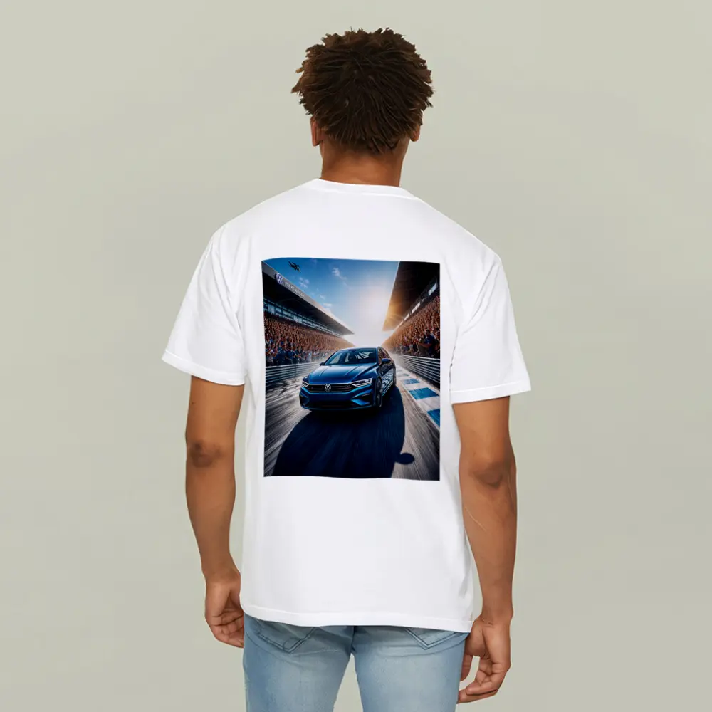 Volkswagen Passat Racing on Sunlit Track – T-Shirts