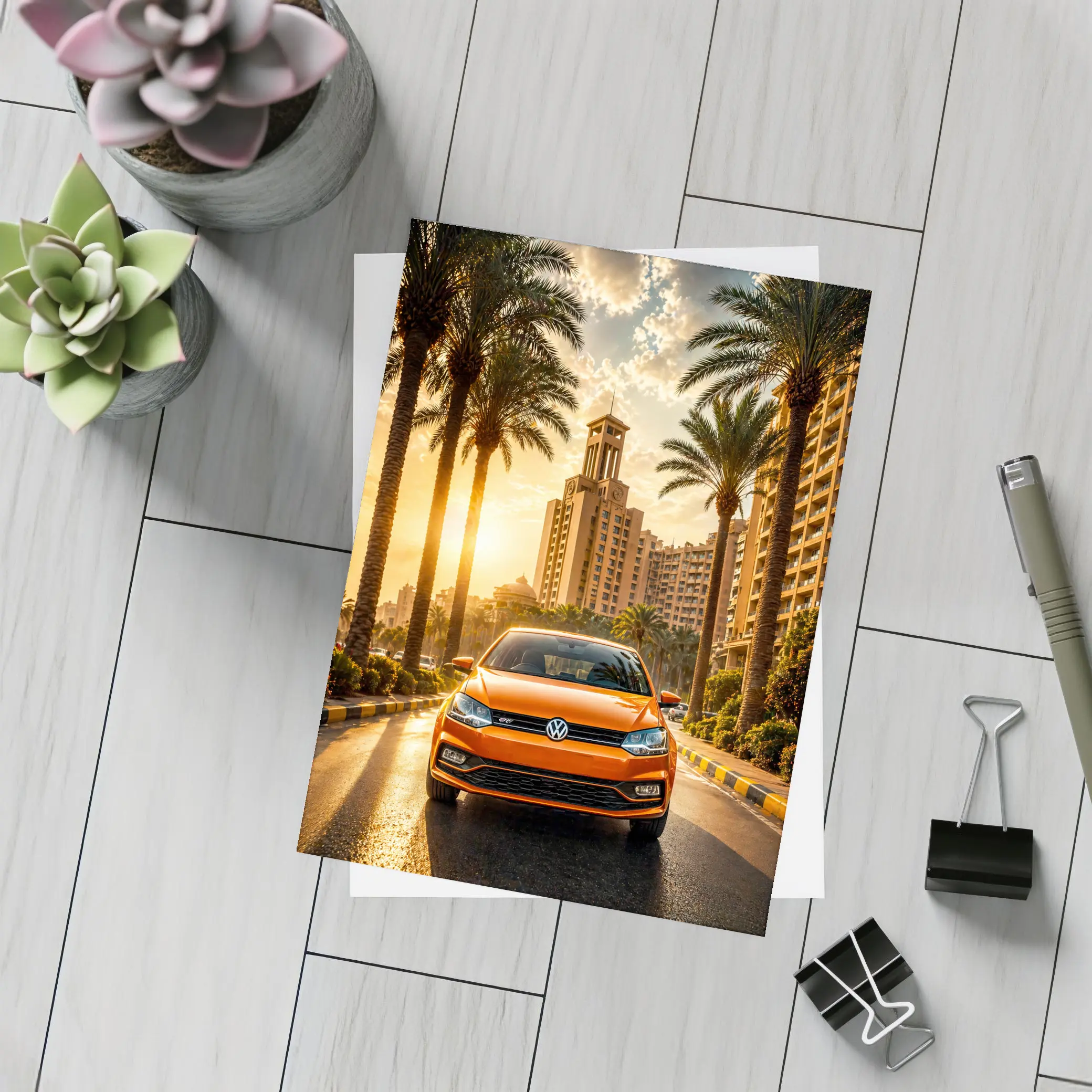 Volkswagen Polo Orange City Palm Trees – Postcards