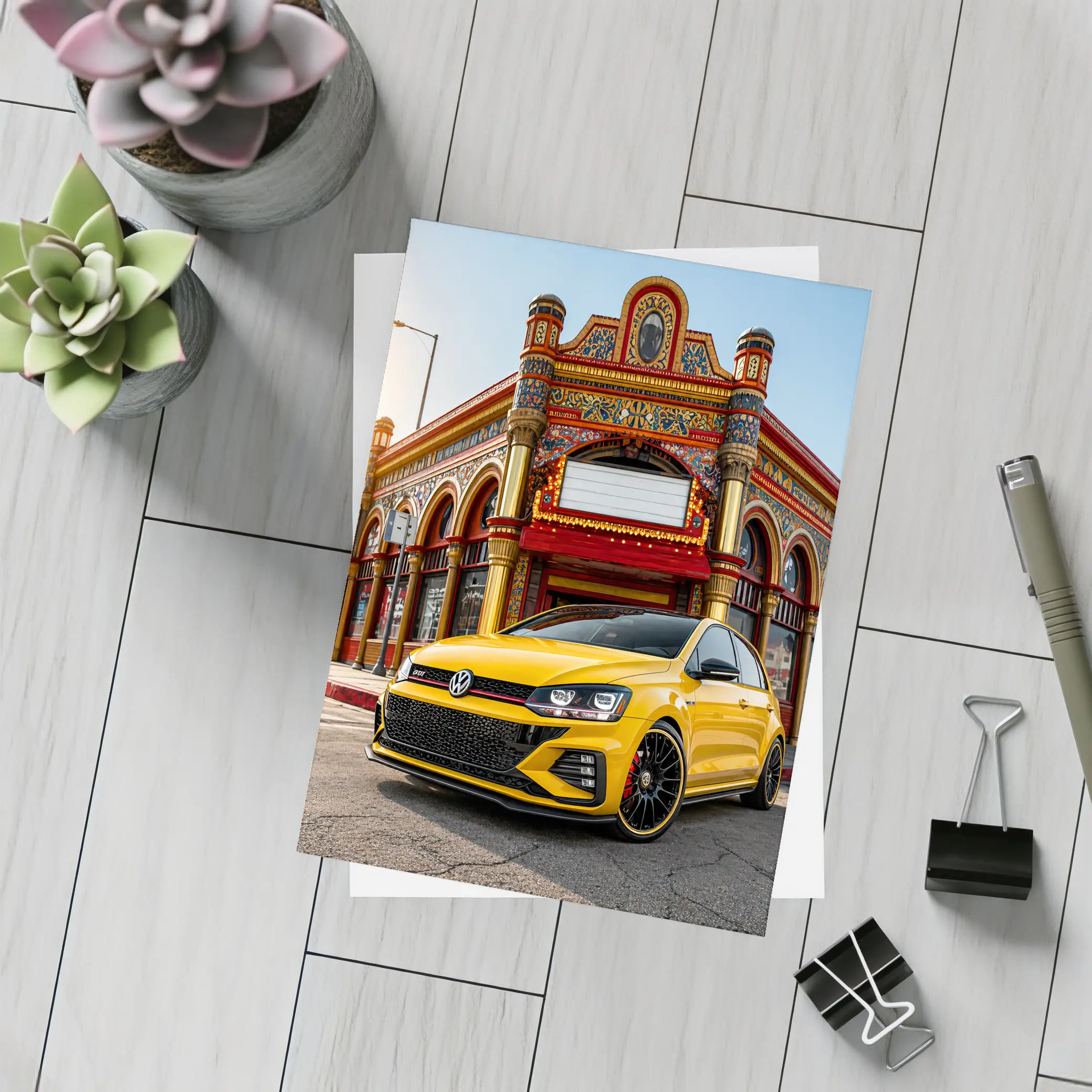 Volkswagen Golf GTI Yellow Urban Street Scene – Postcards