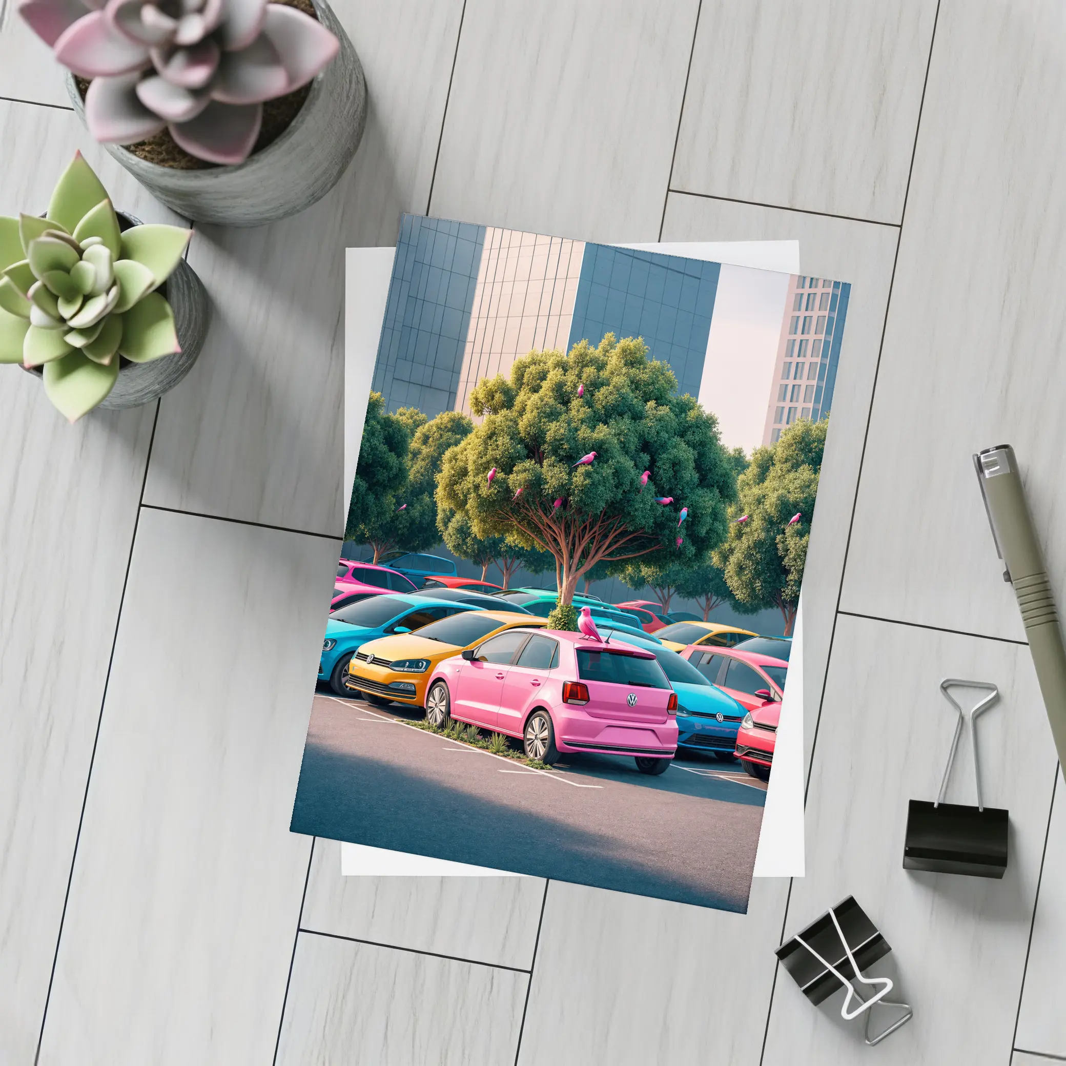 Colorful Volkswagen Polo Cars Urban Parking Lot – Postcards